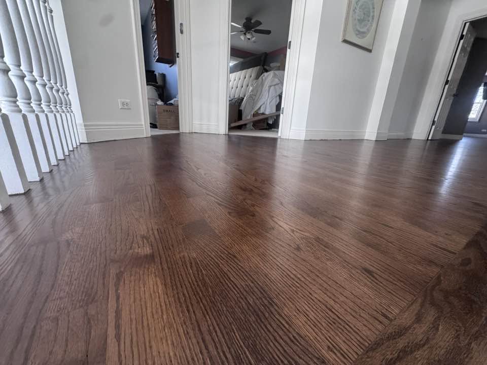 Rich brown hardwood next to white architectural details